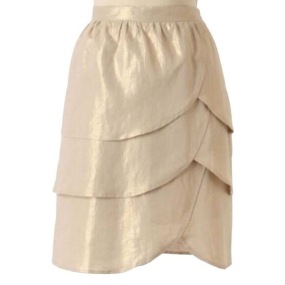 Anthropologie Edme & Esyllte Gilded Lily Gold linen Tiered tulip Skirt -10 - Picture 1 of 11